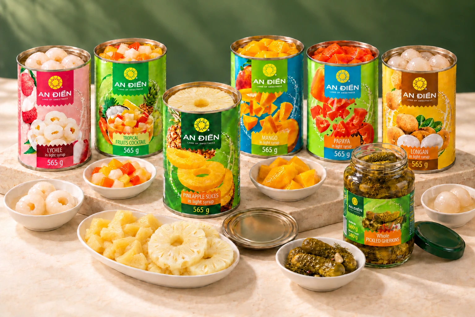 An Dien canned fruit range with opened cans and served products